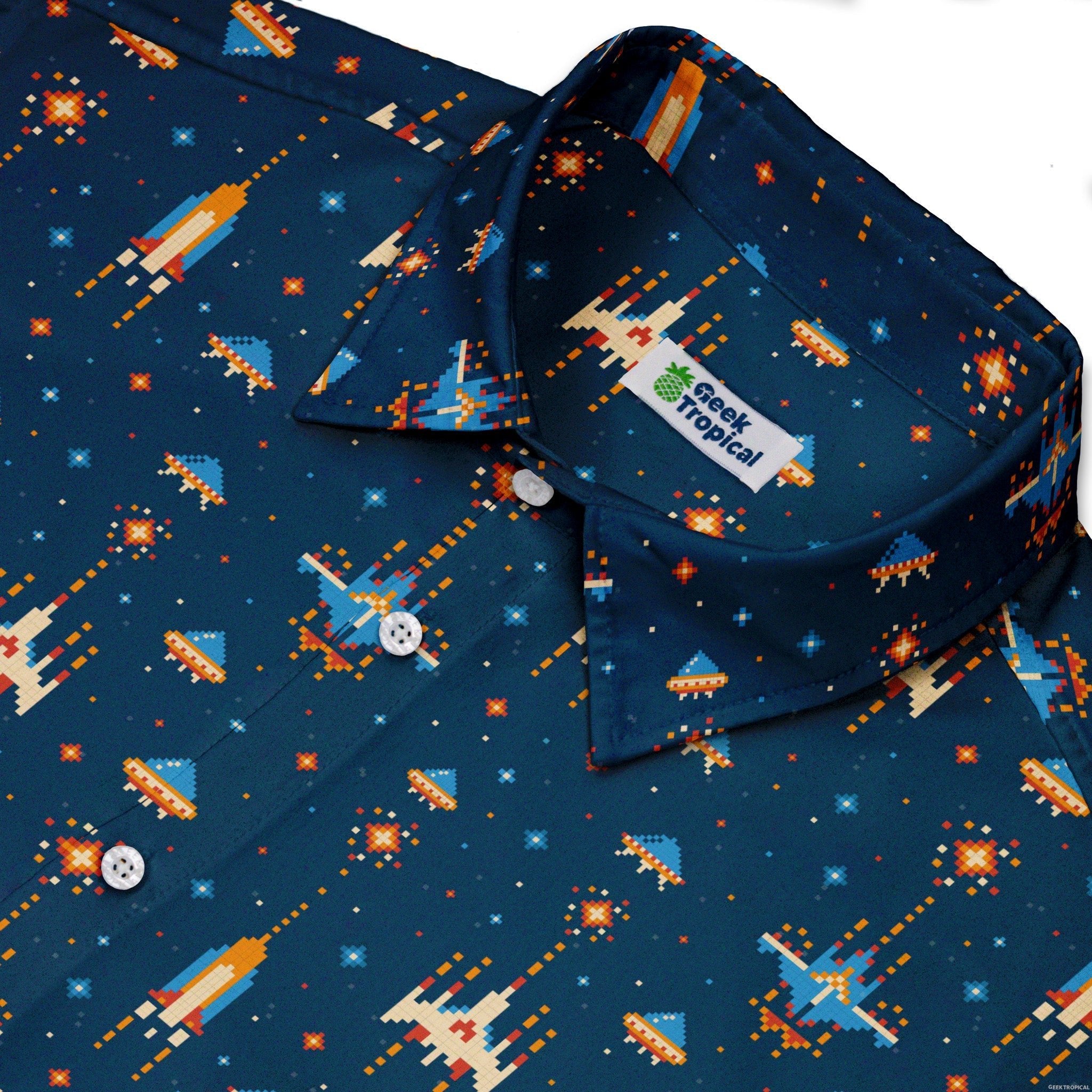 Space Retro Arcade Button Up Shirt - adult sizing - outer space & astronaut print - video game arcade print