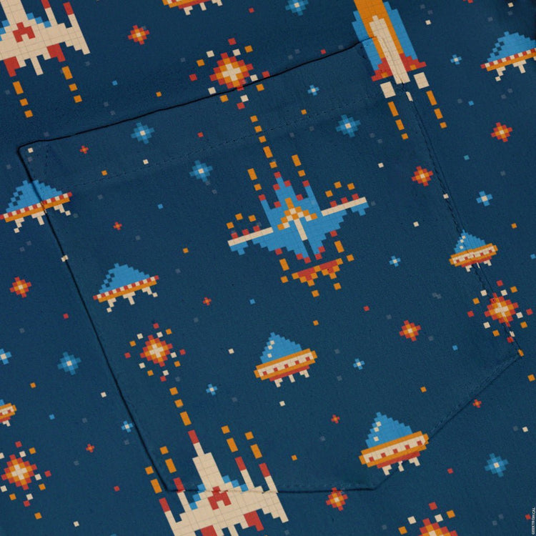 Ready - to - Ship Space Retro Arcade Button Up Shirt Geek Nerd adult sizing fix outer space & astronaut print