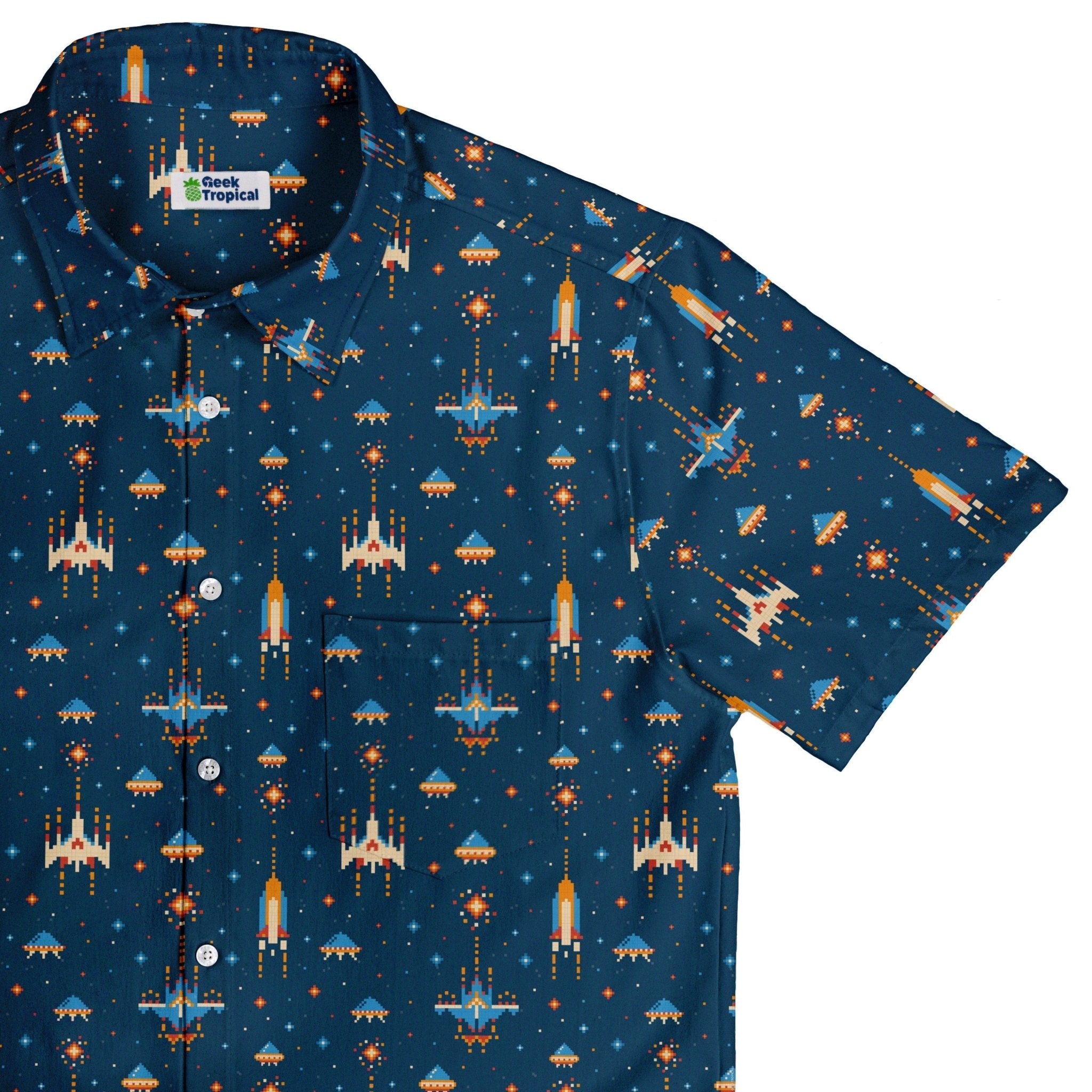 Ready-to-Ship Space Retro Arcade Game Button Up Shirt - adult sizing - outer space & astronaut print - ready-to-ship