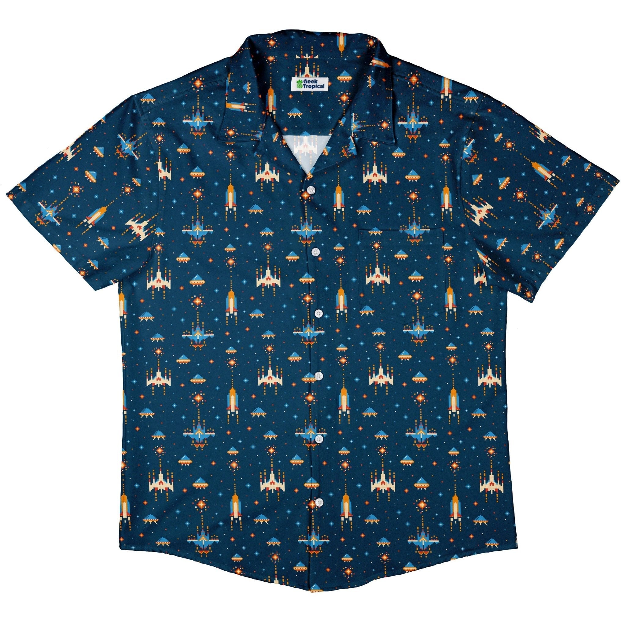 Clearance Ready - to - Ship Space Retro Arcade Button Up Shirt Geek Nerd adult sizing Clearance outer space & astronaut print
