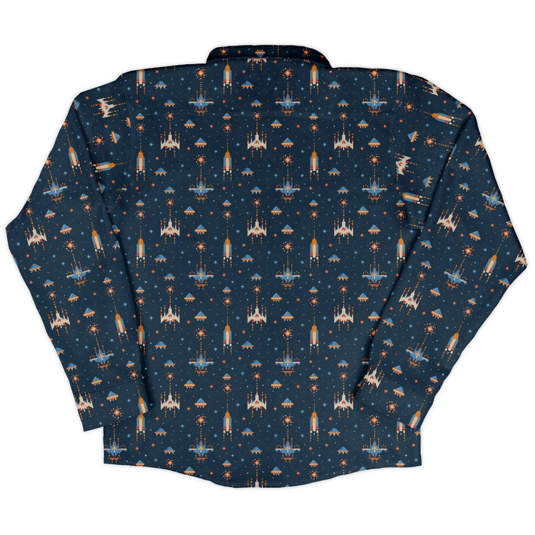 Space Retro Arcade Long Sleeve Button Up Shirt Geek Nerd adult sizing FLOW DESC WRITING outer space & astronaut print