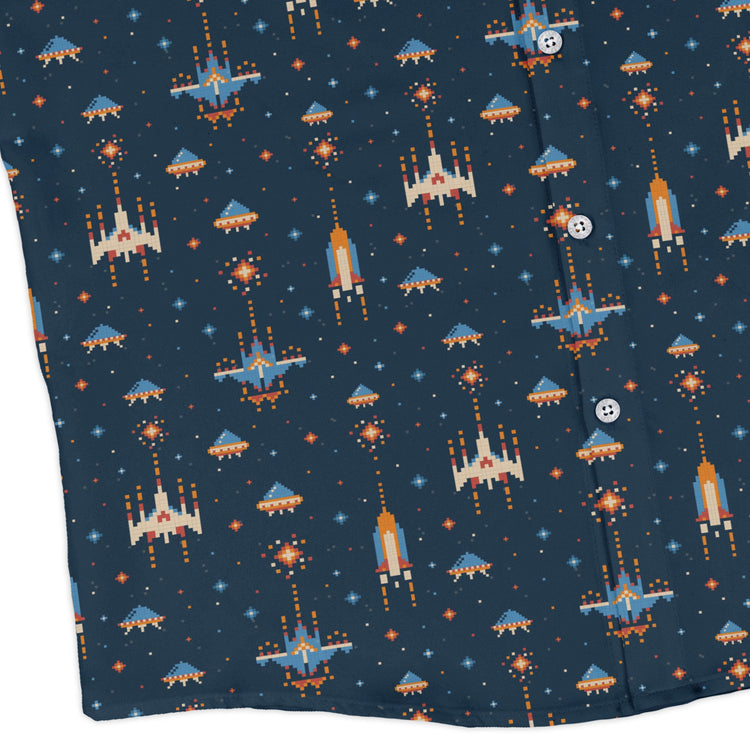 Space Retro Arcade Long Sleeve Button Up Shirt Geek Nerd adult sizing FLOW DESC WRITING outer space & astronaut print