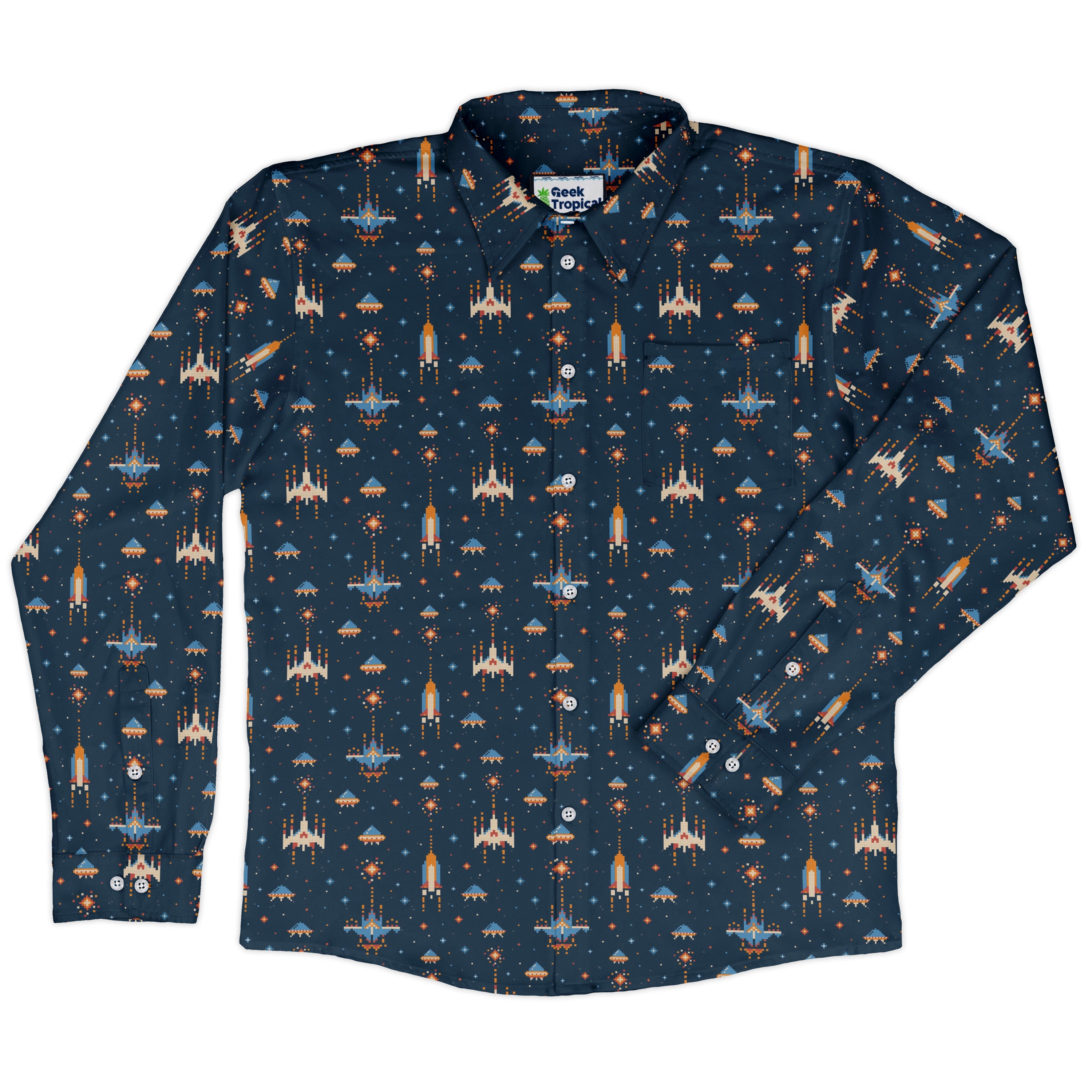 Space Retro Arcade Long Sleeve Button Up Shirt