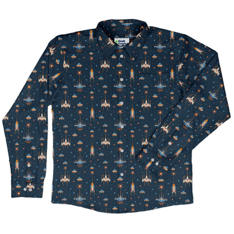 Space Retro Arcade Long Sleeve Button Up Shirt Geek Nerd adult sizing FLOW DESC WRITING outer space & astronaut print