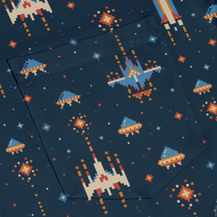 Space Retro Arcade Long Sleeve Button Up Shirt Geek Nerd adult sizing FLOW DESC WRITING outer space & astronaut print