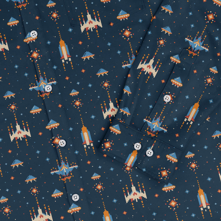 Space Retro Arcade Long Sleeve Button Up Shirt Geek Nerd adult sizing FLOW DESC WRITING outer space & astronaut print