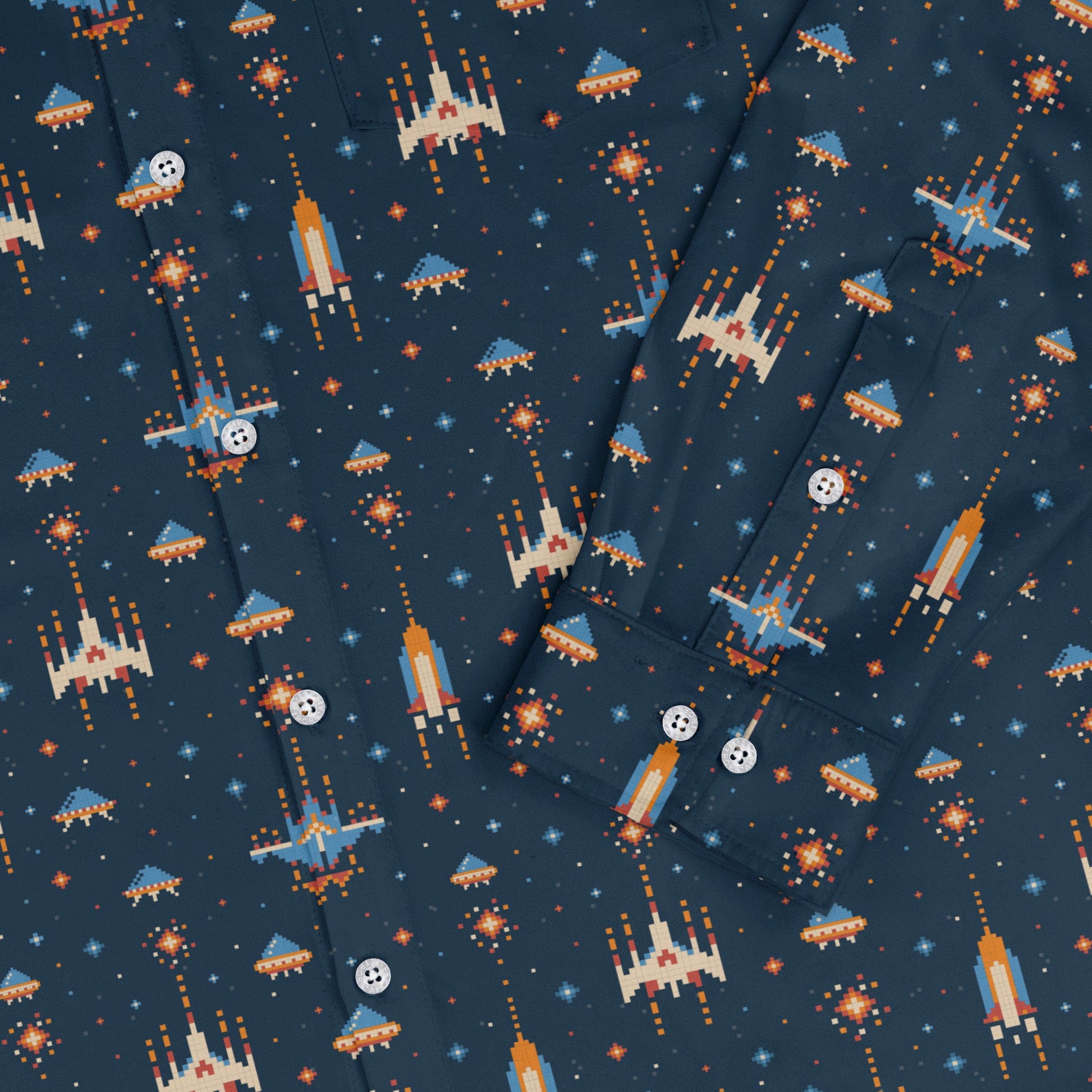 Space Retro Arcade Long Sleeve Button Up Shirt