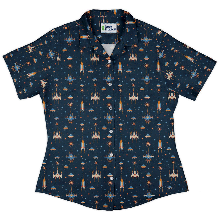 Space Retro Arcade Curvy Button Up Shirt Geek Nerd outer space & astronaut print video game arcade print women