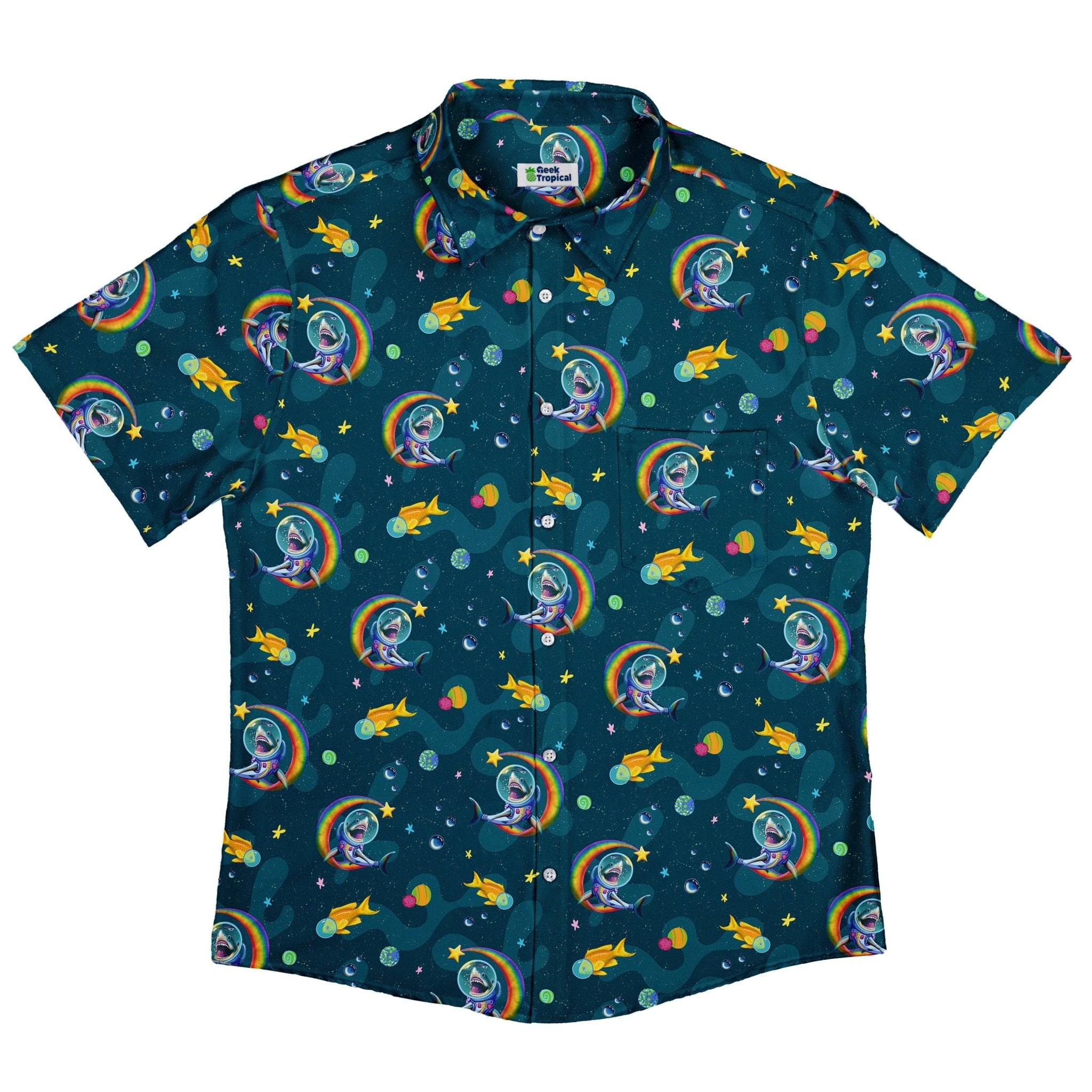 Space Sharks Button Up Shirt - adult sizing - Animal Patterns - Design by Carla Morrow