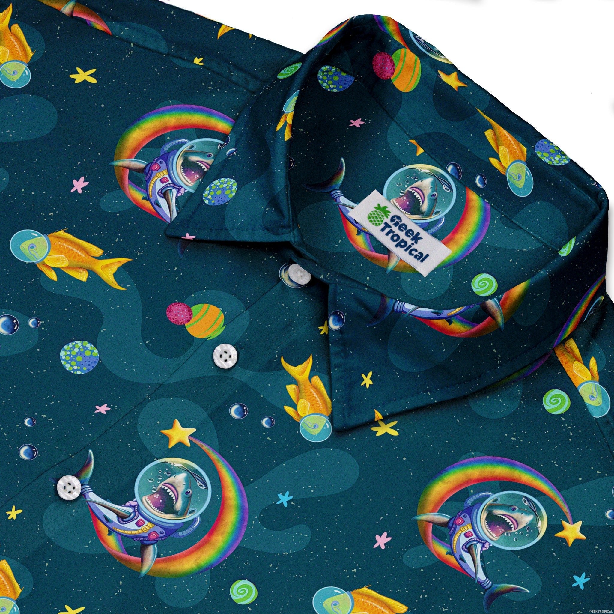 Space Sharks Button Up Shirt - adult sizing - Animal Patterns - Design by Carla Morrow