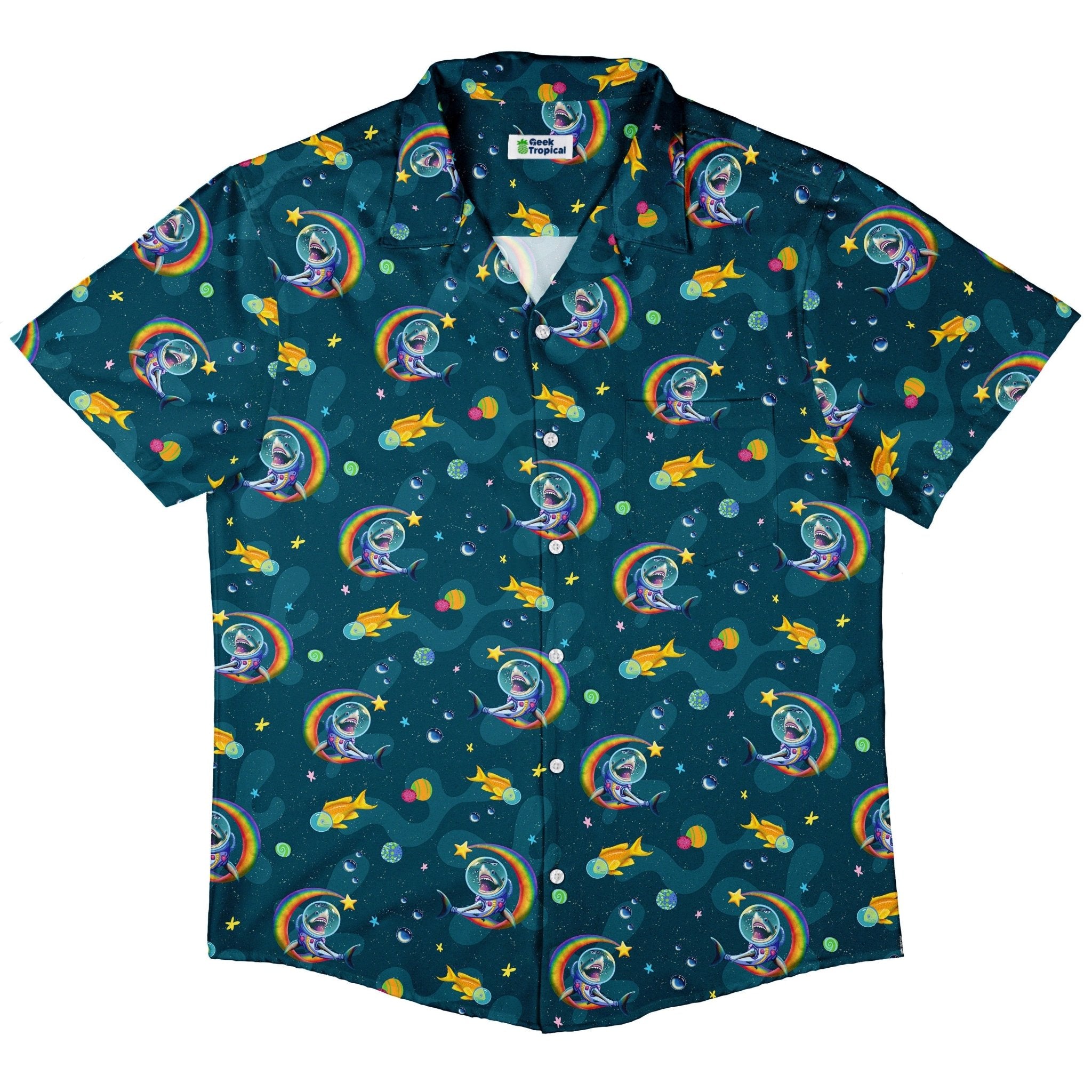 Space Sharks Button Up Shirt - adult sizing - Animal Patterns - Design by Carla Morrow