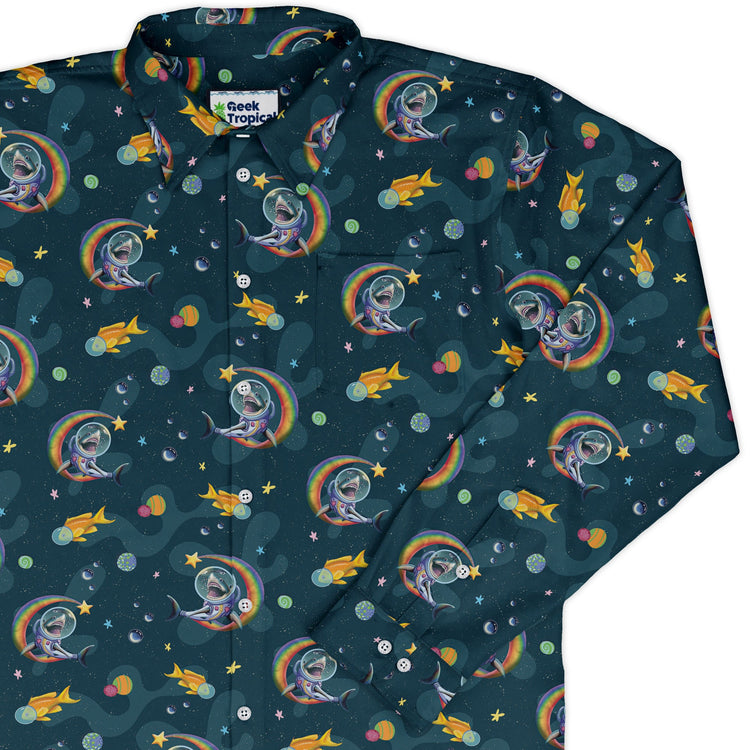 Space Sharks Long Sleeve Button Up Shirt Geek Nerd adult sizing Animal Patterns Design by Carla Morrow