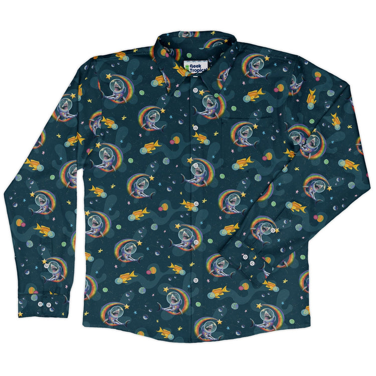 Space Sharks Long Sleeve Button Up Shirt Geek Nerd adult sizing Animal Patterns Design by Carla Morrow