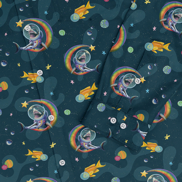 Space Sharks Long Sleeve Button Up Shirt Geek Nerd adult sizing Animal Patterns Design by Carla Morrow