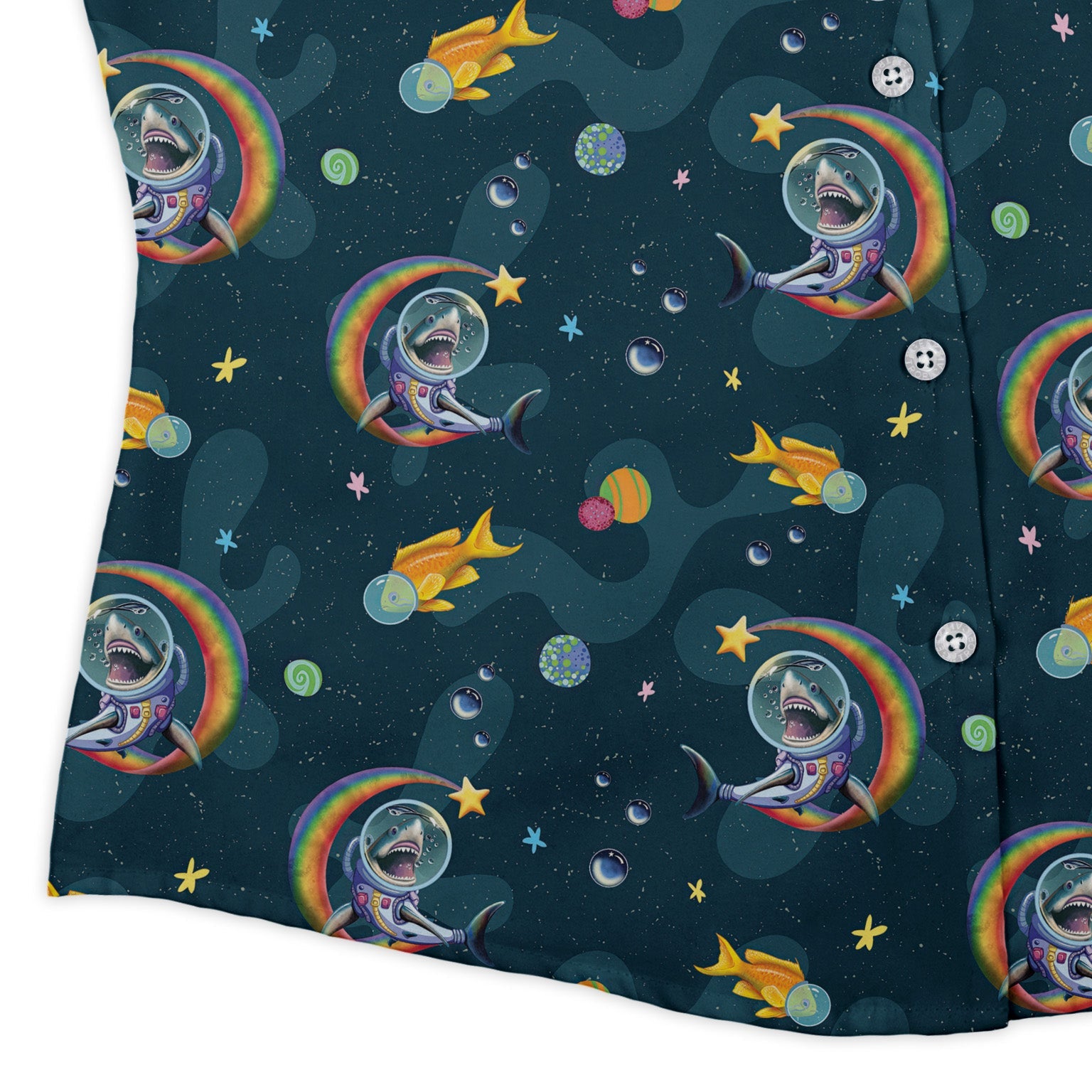 Space Sharks Curvy Button Up Shirt Geek Nerd Animal Patterns Design by Carla Morrow outer space & astronaut print