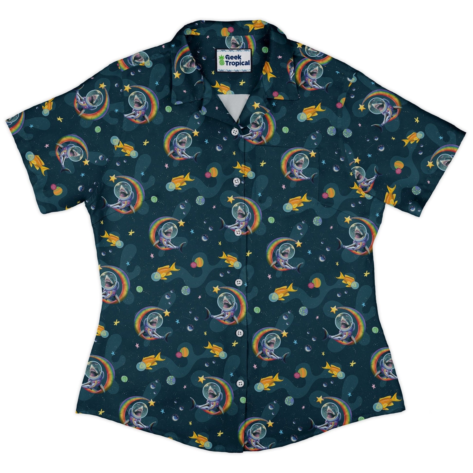 Space Sharks Curvy Button Up Shirt Geek Nerd Animal Patterns Design by Carla Morrow outer space & astronaut print