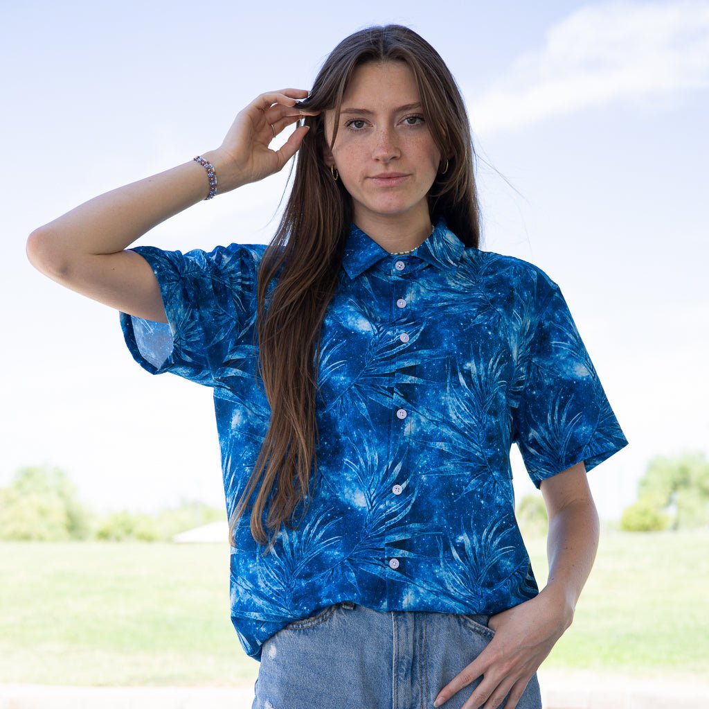 Blue Grey Hawaiian Space Button Up Shirt Geek Nerd adult sizing outer space & astronaut print Tropical Hawaiian Patterns