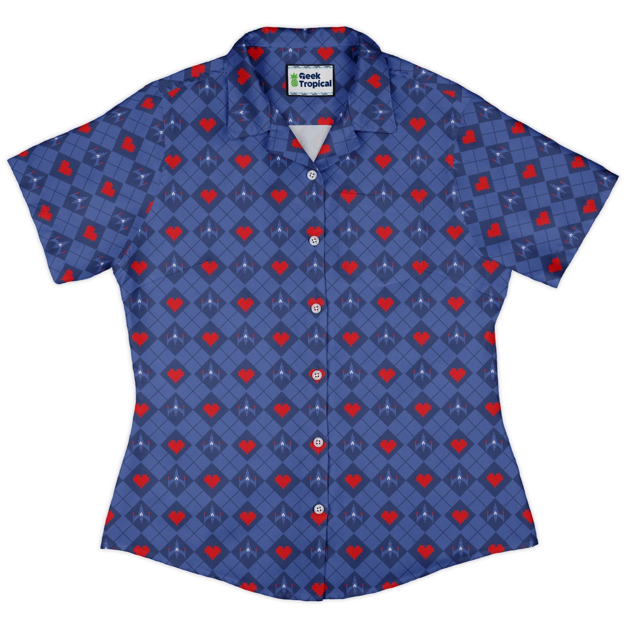 Space Fighter Heart Curvy Button Up Shirt Geek Nerd Design by Heather Davenport q225 video game arcade print