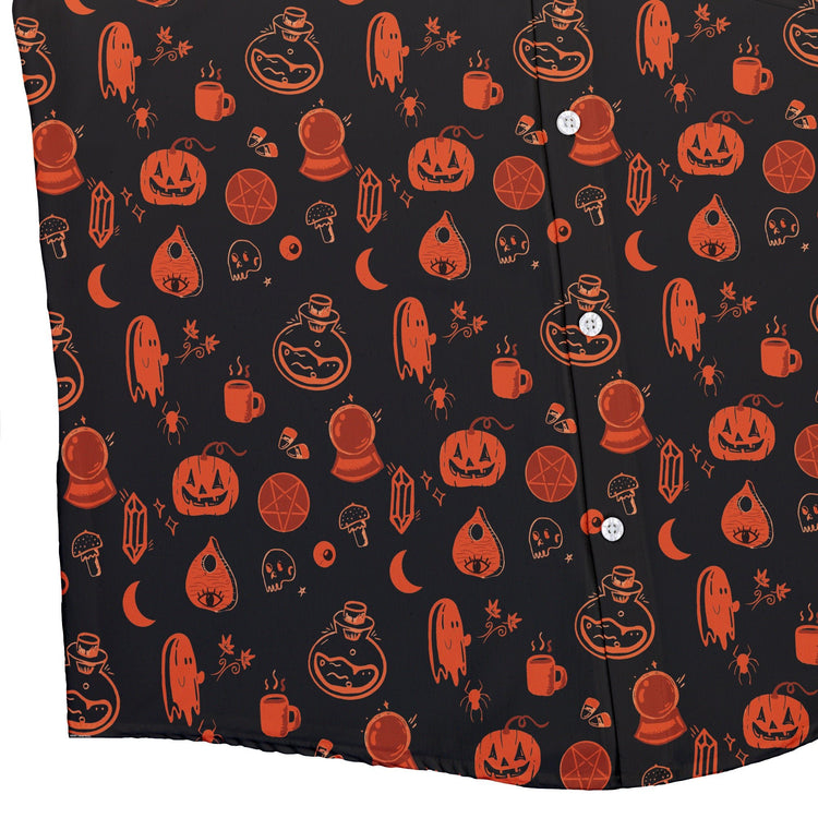 Spooky Halloween Orange Button Up Shirt Geek Nerd adult sizing Design by Heather Davenport halloween