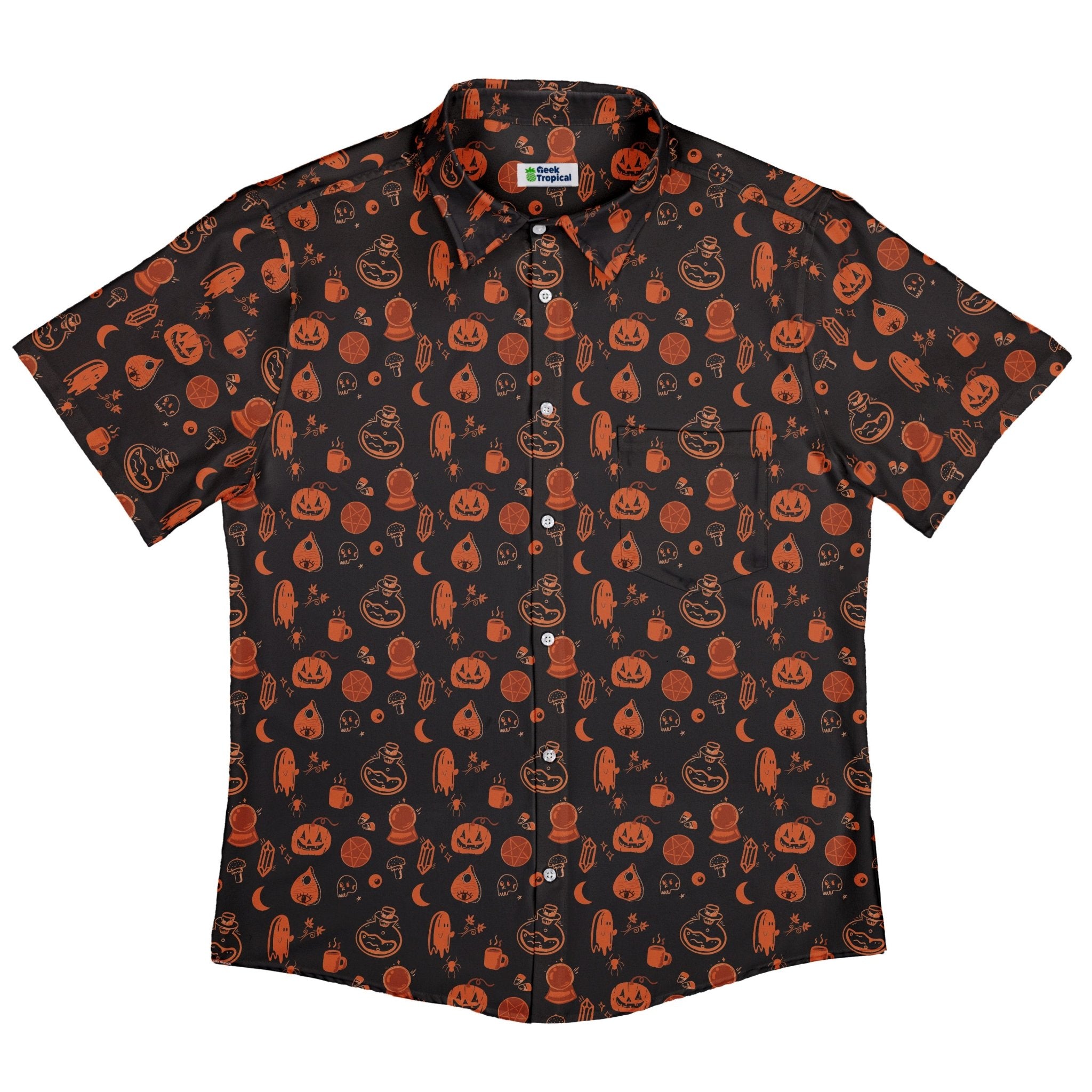 Spooky Halloween Orange Button Up Shirt Geek Nerd adult sizing Design by Heather Davenport halloween