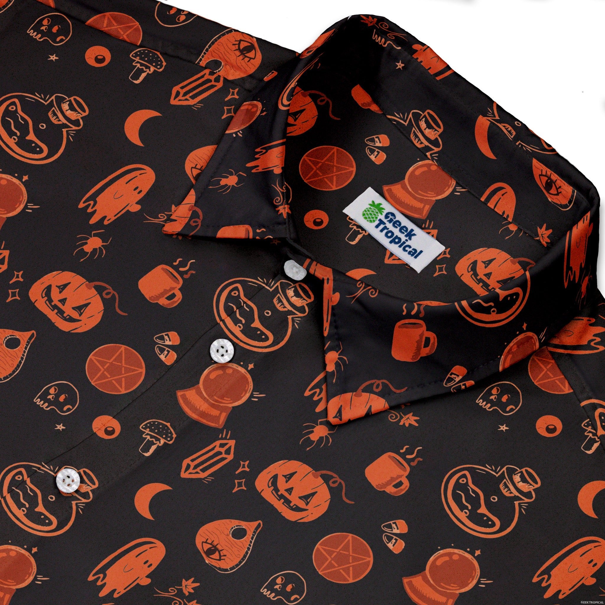 Spooky Halloween Orange Button Up Shirt Geek Nerd adult sizing Design by Heather Davenport halloween