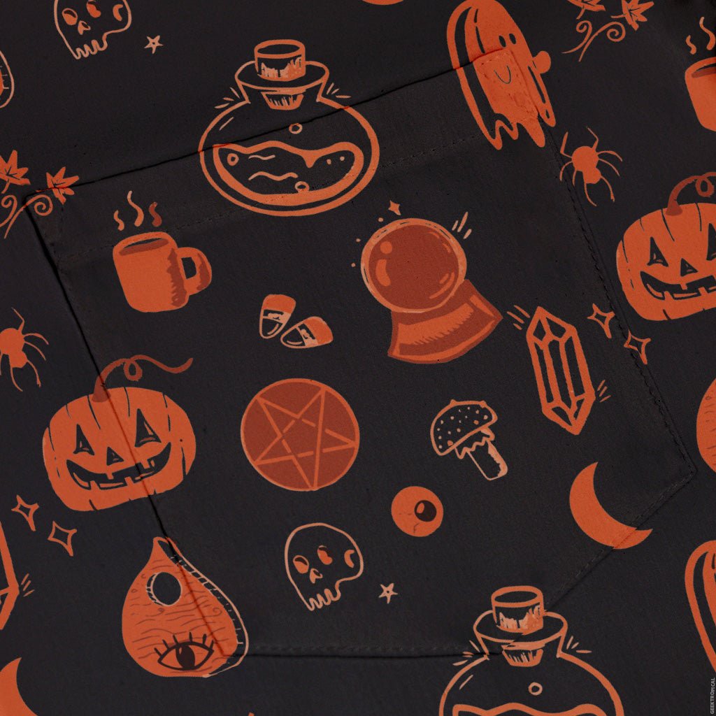 Spooky Halloween Orange Button Up Shirt Geek Nerd adult sizing Design by Heather Davenport halloween