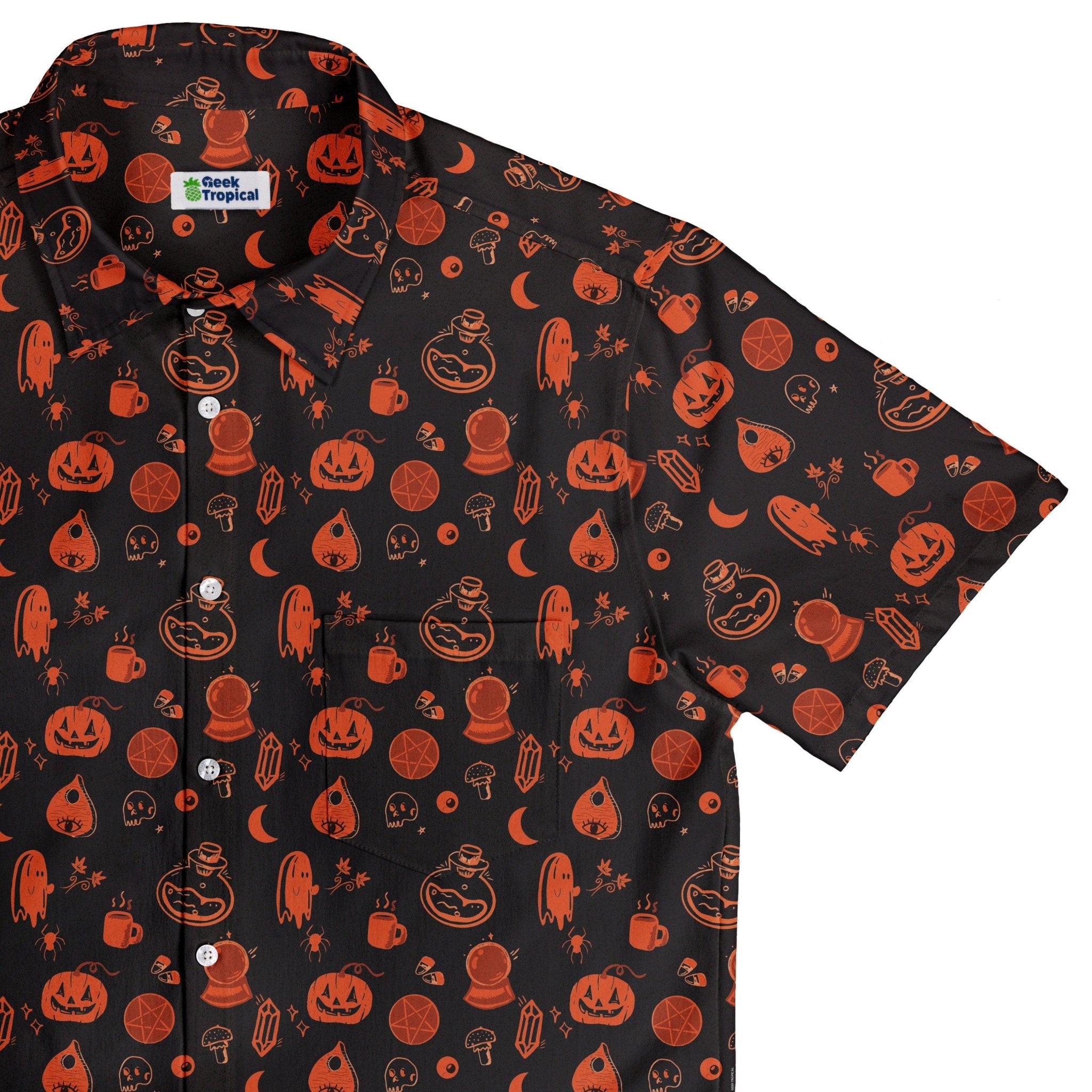 Spooky Halloween Orange Button Up Shirt Geek Nerd adult sizing Design by Heather Davenport halloween