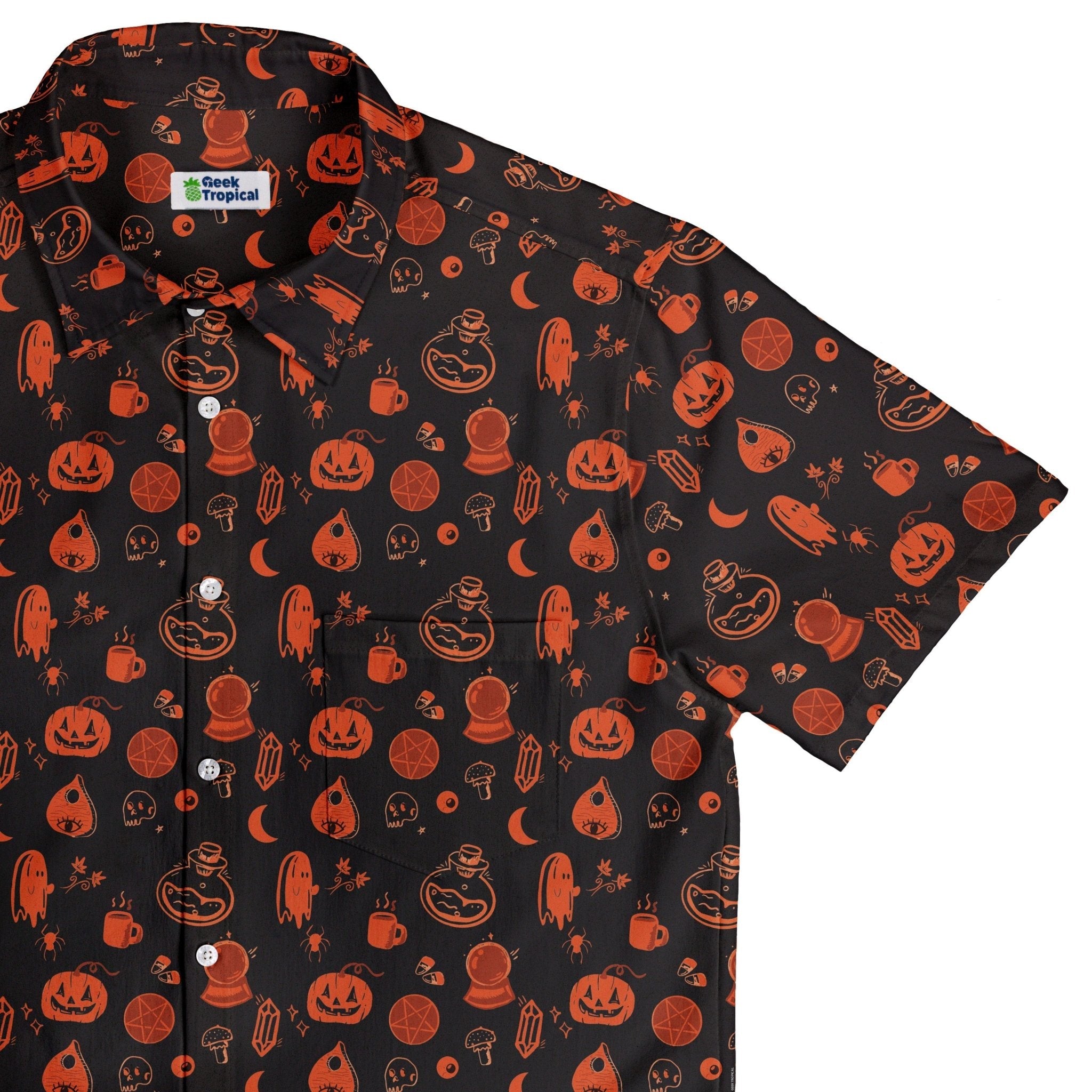 Clearance Ready - to - Ship Spooky Halloween Orange Button Up Shirt Geek Nerd adult sizing Clearance Design by Heather Davenport