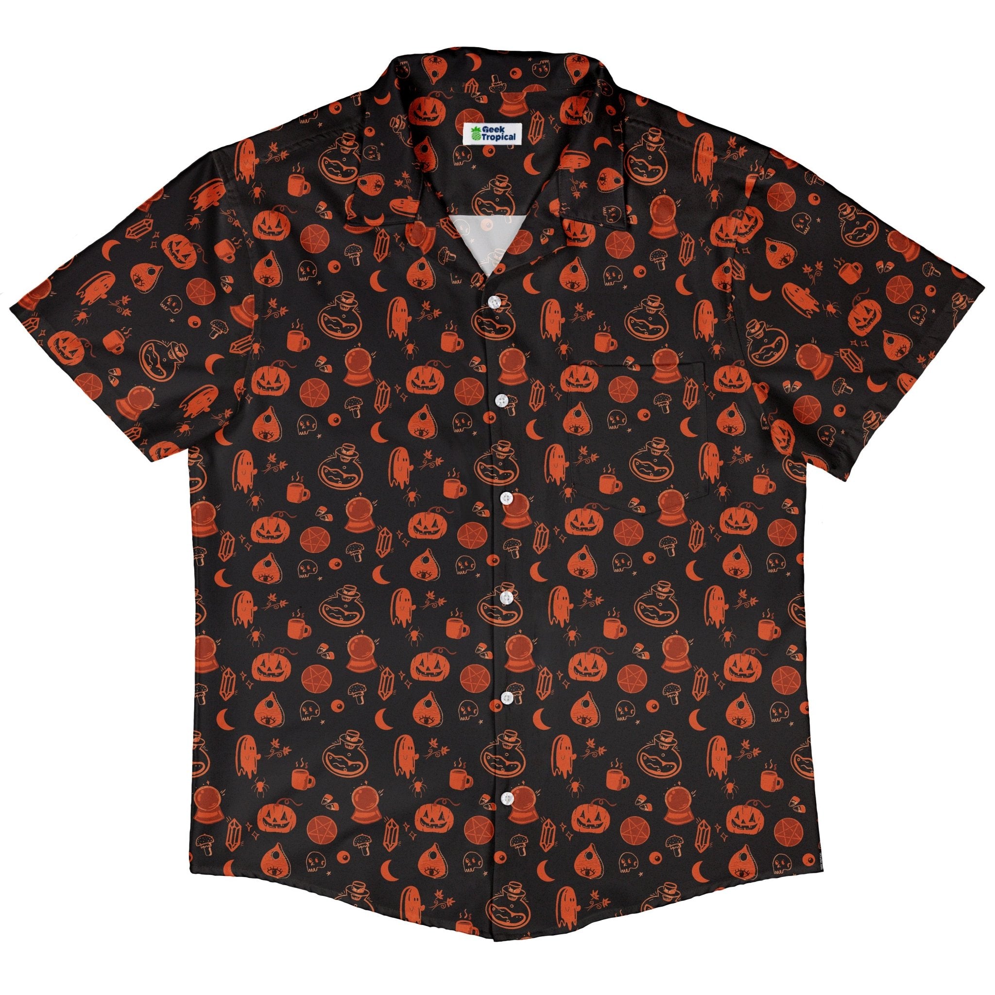 Spooky Halloween Orange Button Up Shirt Geek Nerd adult sizing Design by Heather Davenport halloween