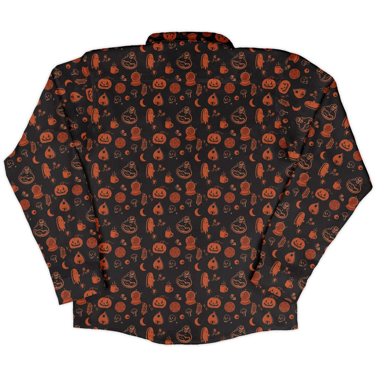 Spooky Halloween Orange Long Sleeve Button Up Shirt Geek Nerd adult sizing Design by Heather Davenport FLOW DESC WRITING