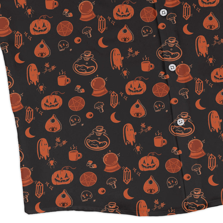 Spooky Halloween Orange Long Sleeve Button Up Shirt Geek Nerd adult sizing Design by Heather Davenport FLOW DESC WRITING