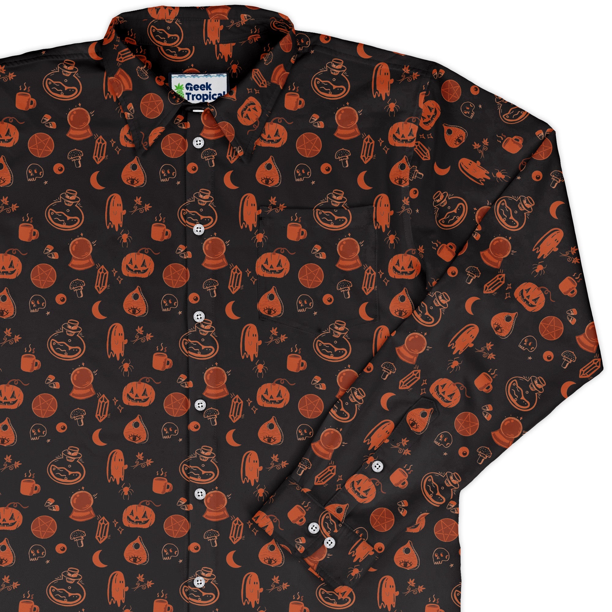 Spooky Halloween Orange Long Sleeve Button Up Shirt