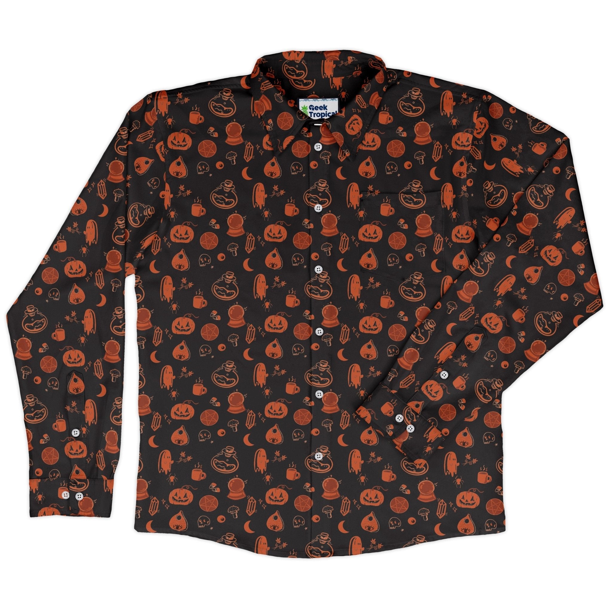 Spooky Halloween Orange Long Sleeve Button Up Shirt Geek Nerd adult sizing Design by Heather Davenport FLOW DESC WRITING