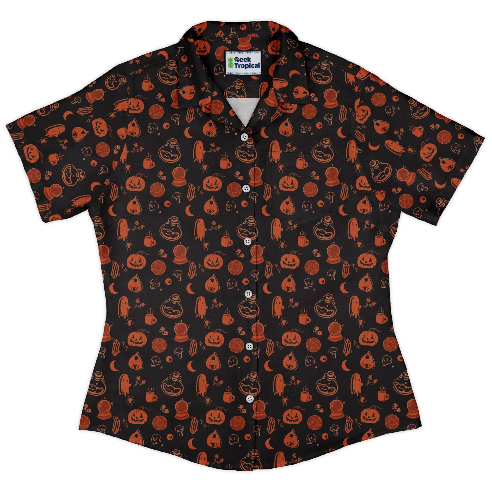 Spooky Halloween Orange Curvy Button Up Shirt Geek Nerd Design by Heather Davenport halloween women