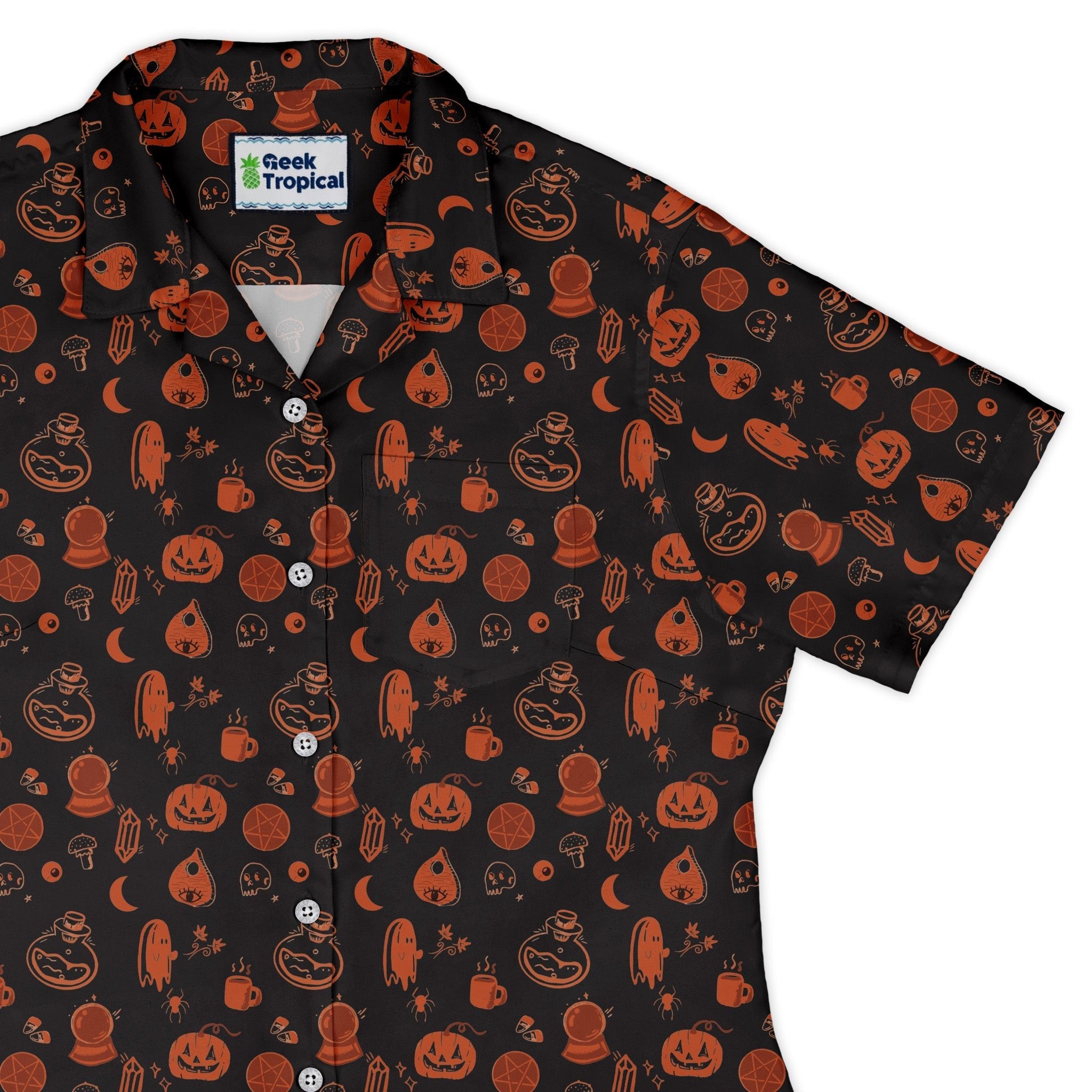 Spooky Halloween Orange Curvy Button Up Shirt Geek Nerd Design by Heather Davenport halloween women