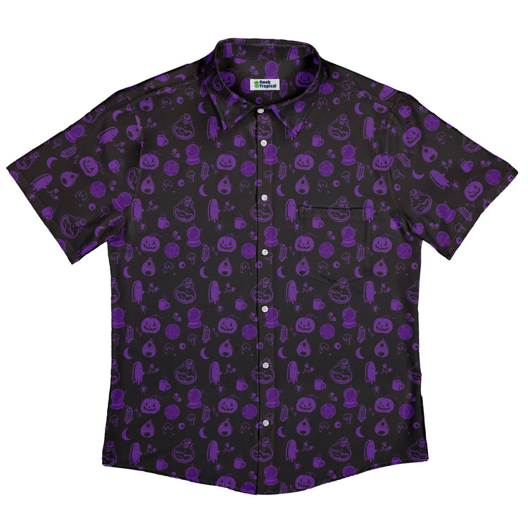 Spooky Halloween Purple Button Up Shirt Geek Nerd adult sizing Design by Heather Davenport halloween