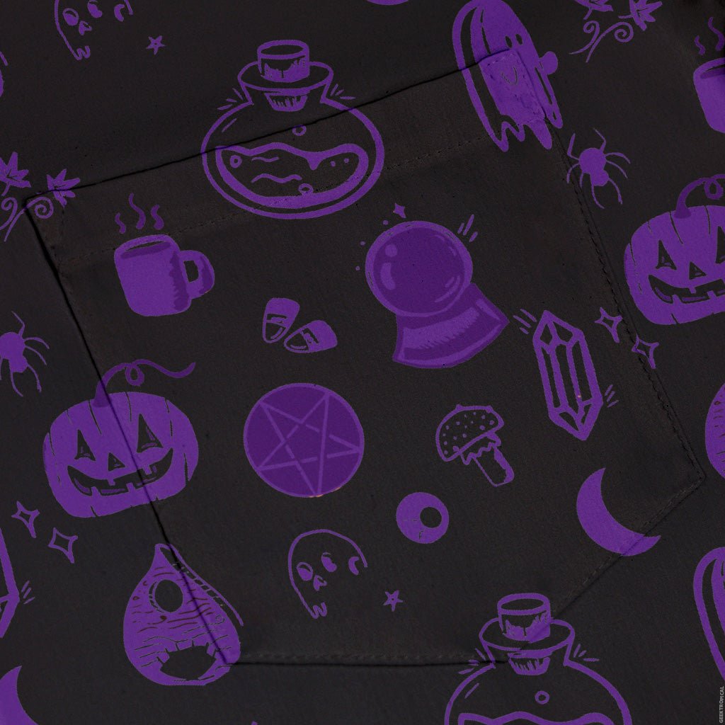 Spooky Halloween Purple Button Up Shirt Geek Nerd adult sizing Design by Heather Davenport halloween