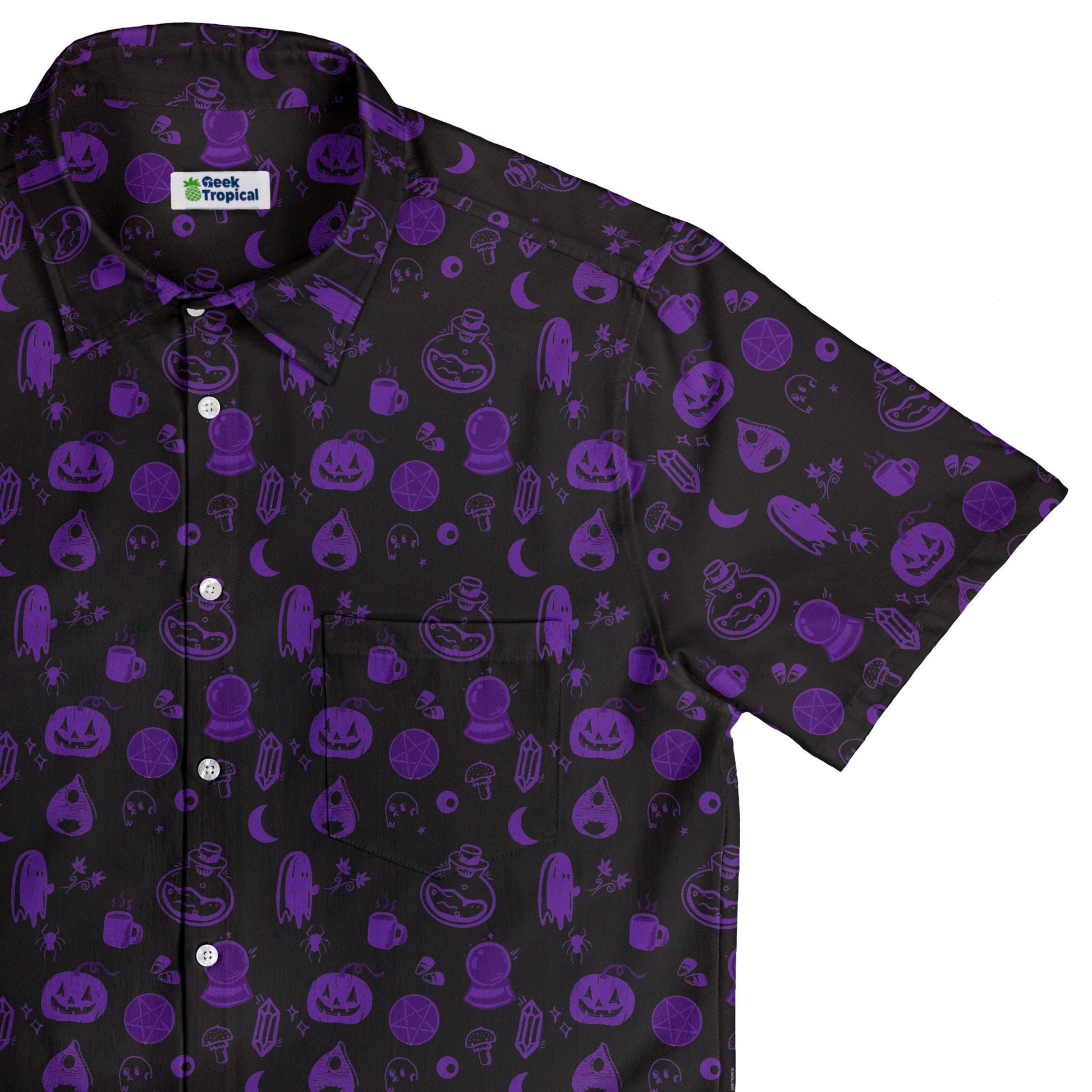 Spooky Halloween Purple Button Up Shirt Geek Nerd adult sizing Design by Heather Davenport halloween