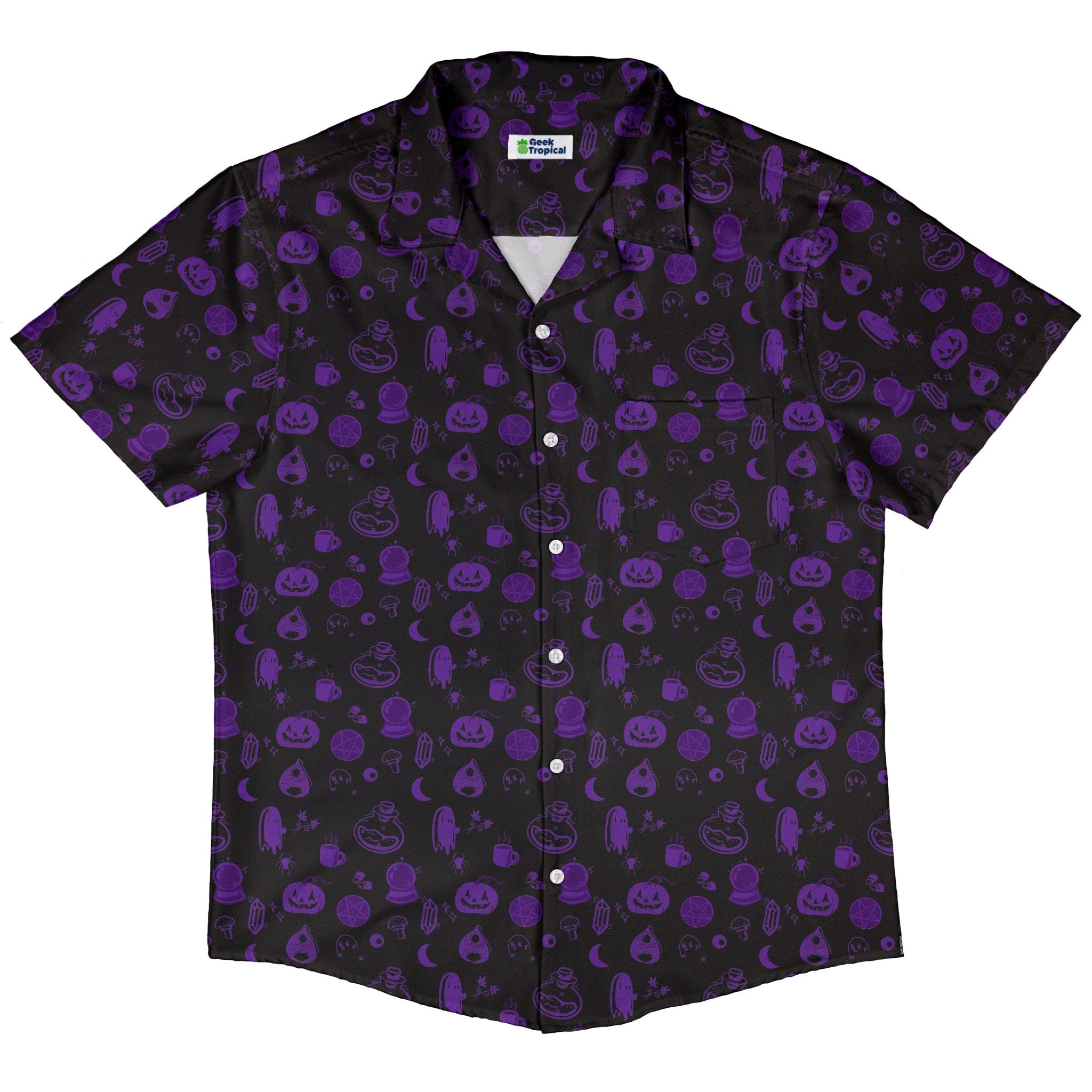 Spooky Halloween Purple Button Up Shirt Geek Nerd adult sizing Design by Heather Davenport halloween