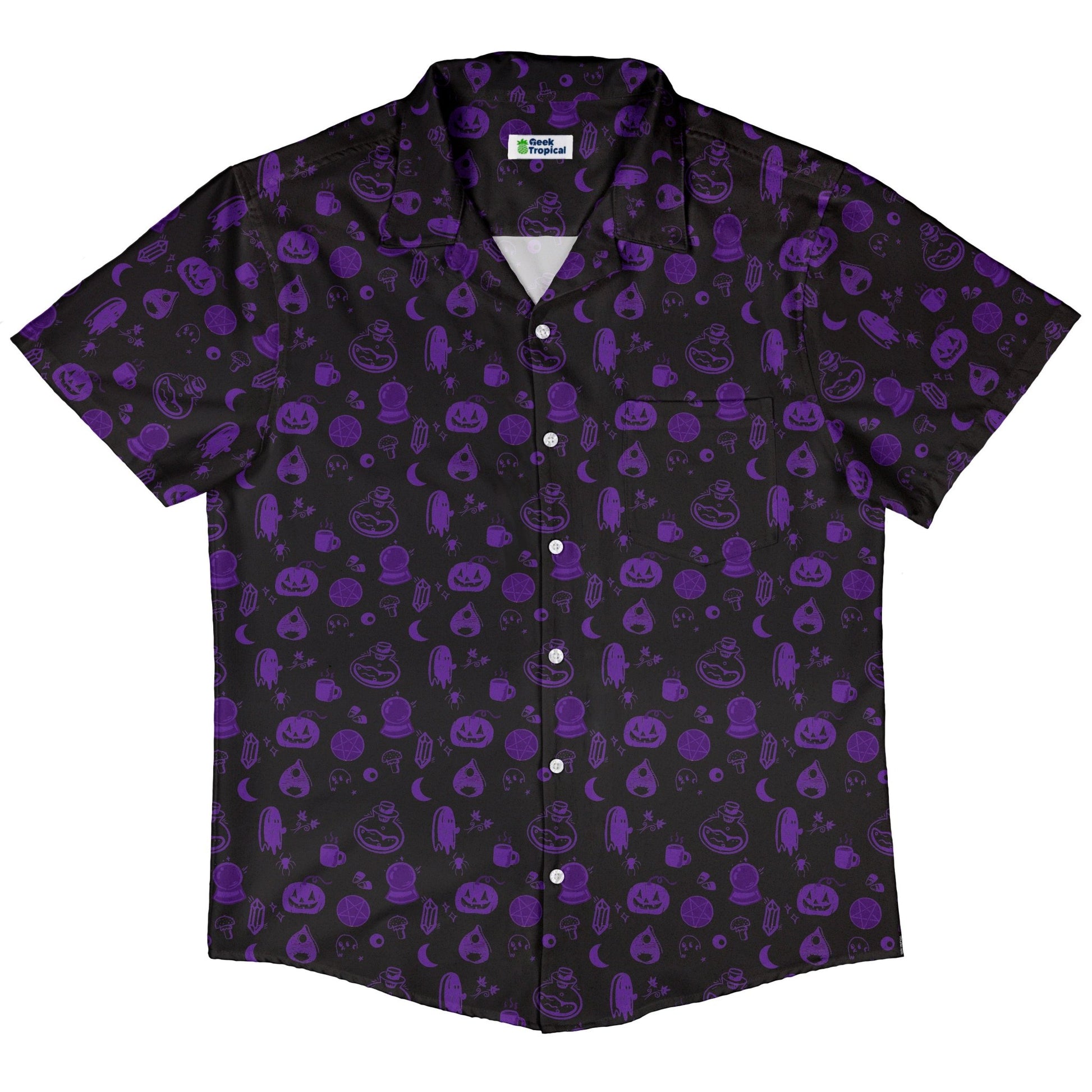 Spooky Halloween Purple Button Up Shirt Geek Nerd adult sizing Design by Heather Davenport halloween