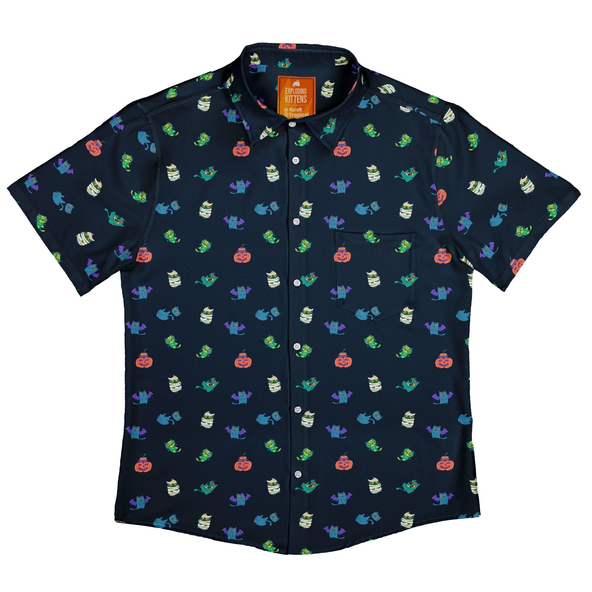 Spooky Exploding Kittens Button Up Shirt - adult sizing - Animal Patterns - board game print