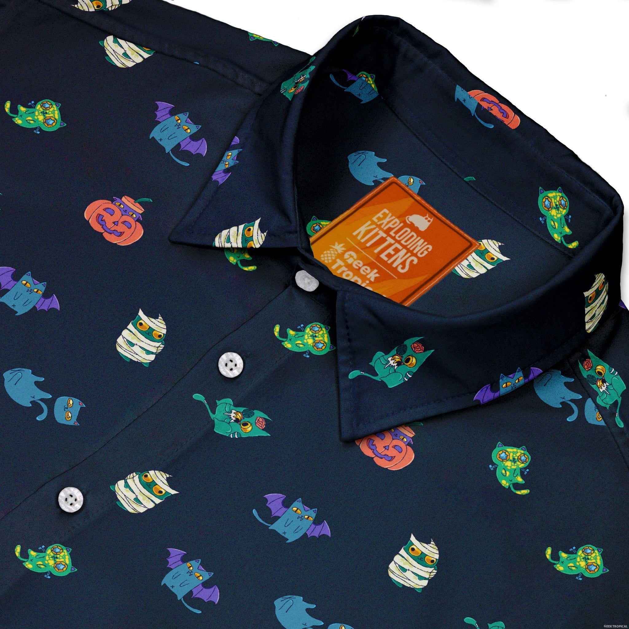 Spooky Exploding Kittens Button Up Shirt - adult sizing - Animal Patterns - board game print