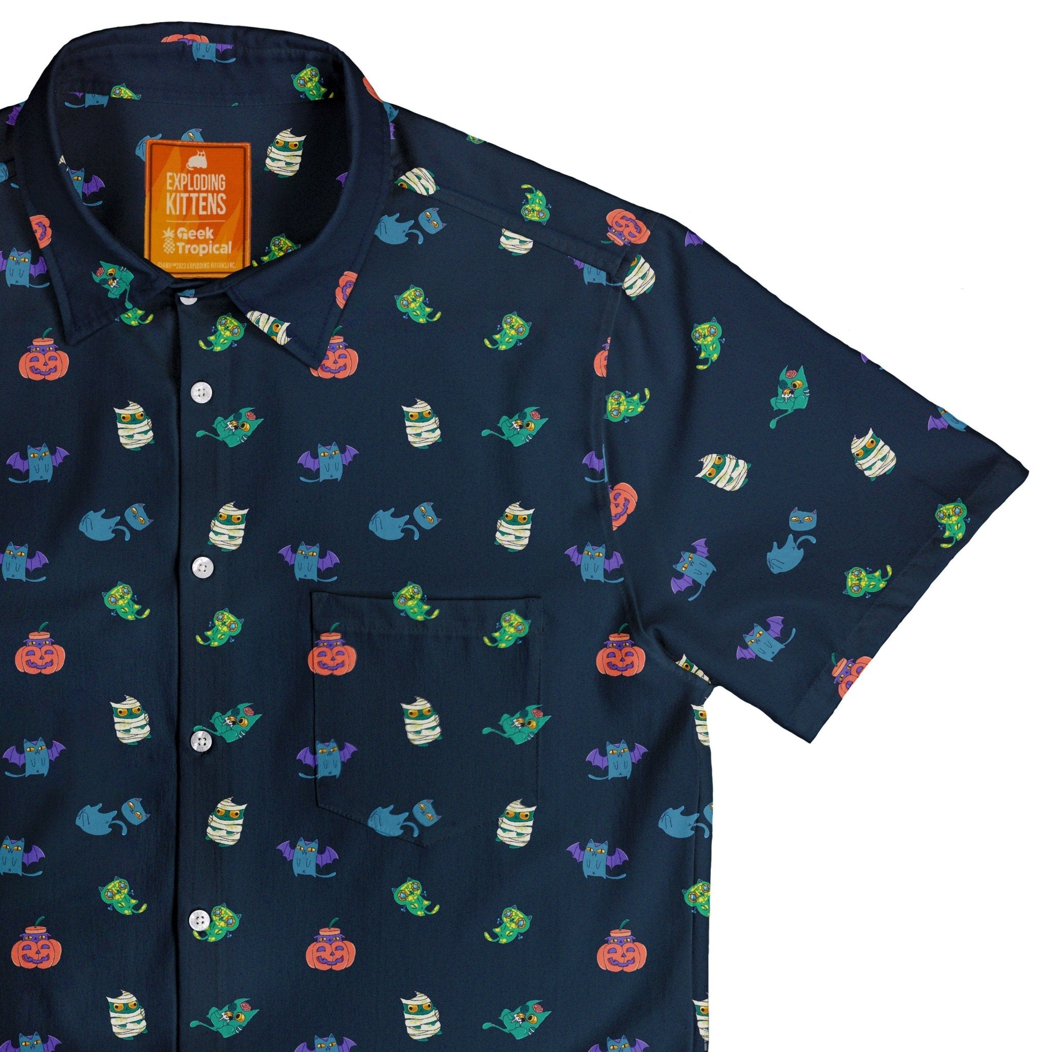 Spooky Exploding Kittens Button Up Shirt - adult sizing - Animal Patterns - board game print