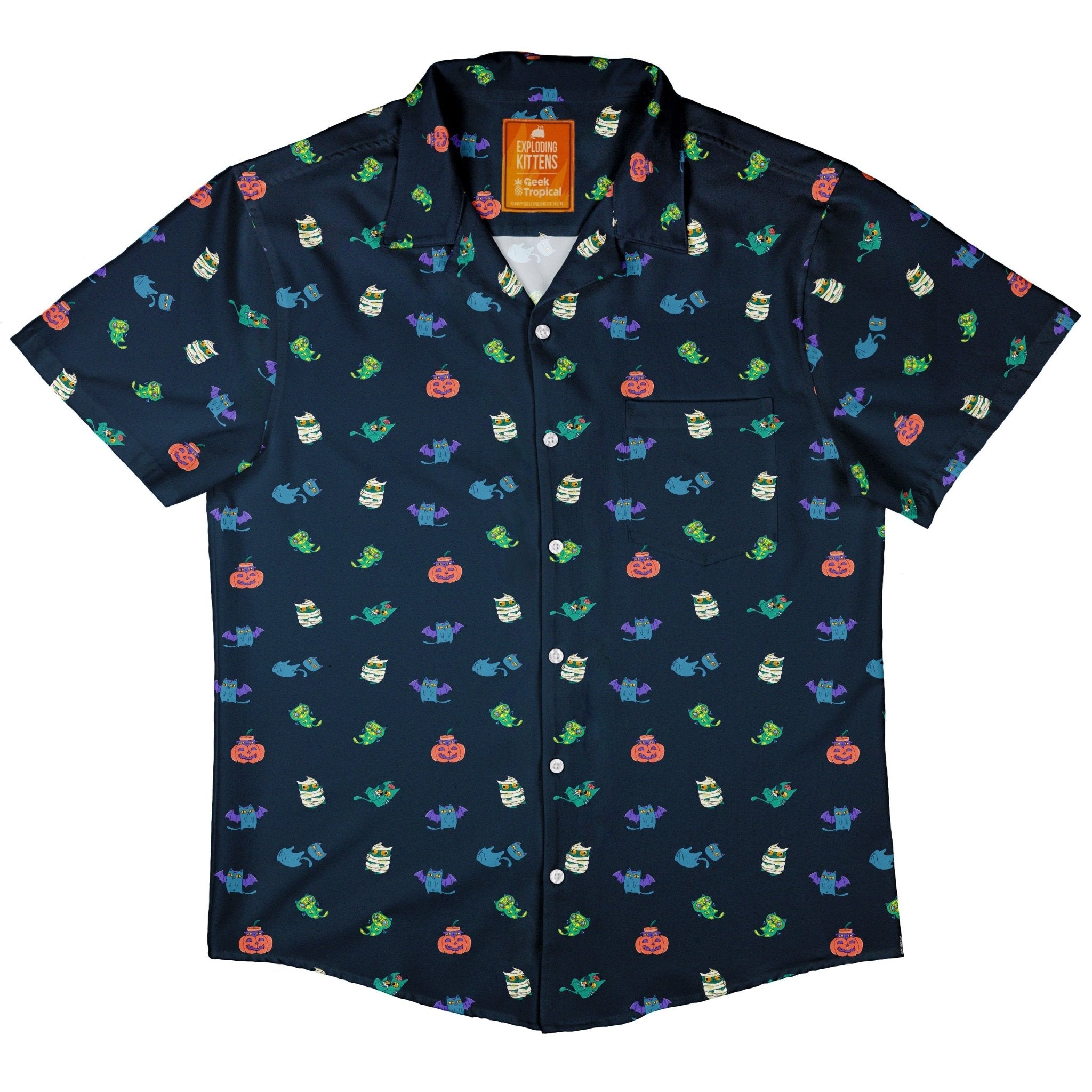 Spooky Exploding Kittens Button Up Shirt - adult sizing - Animal Patterns - board game print