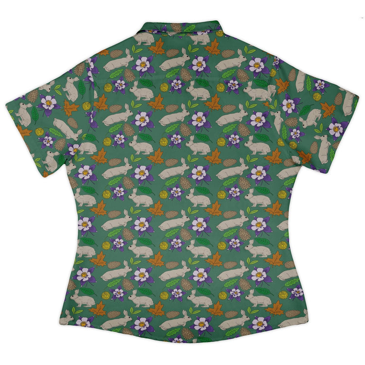 Spring Forest Green Curvy Button Up Shirt Geek Nerd animal patterns botany print Design by Julie Kitzes