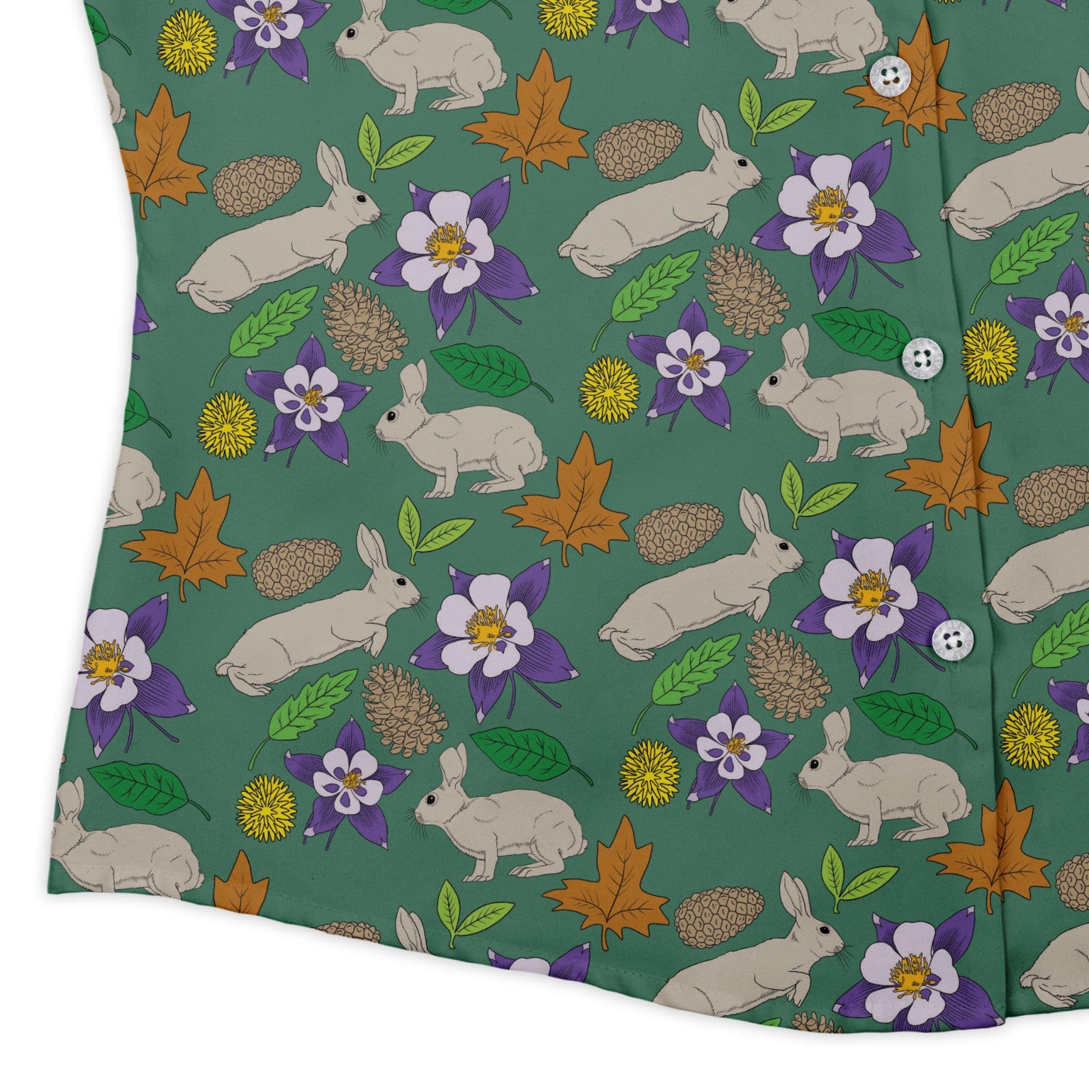 Spring Forest Green Curvy Button Up Shirt Geek Nerd animal patterns botany print Design by Julie Kitzes