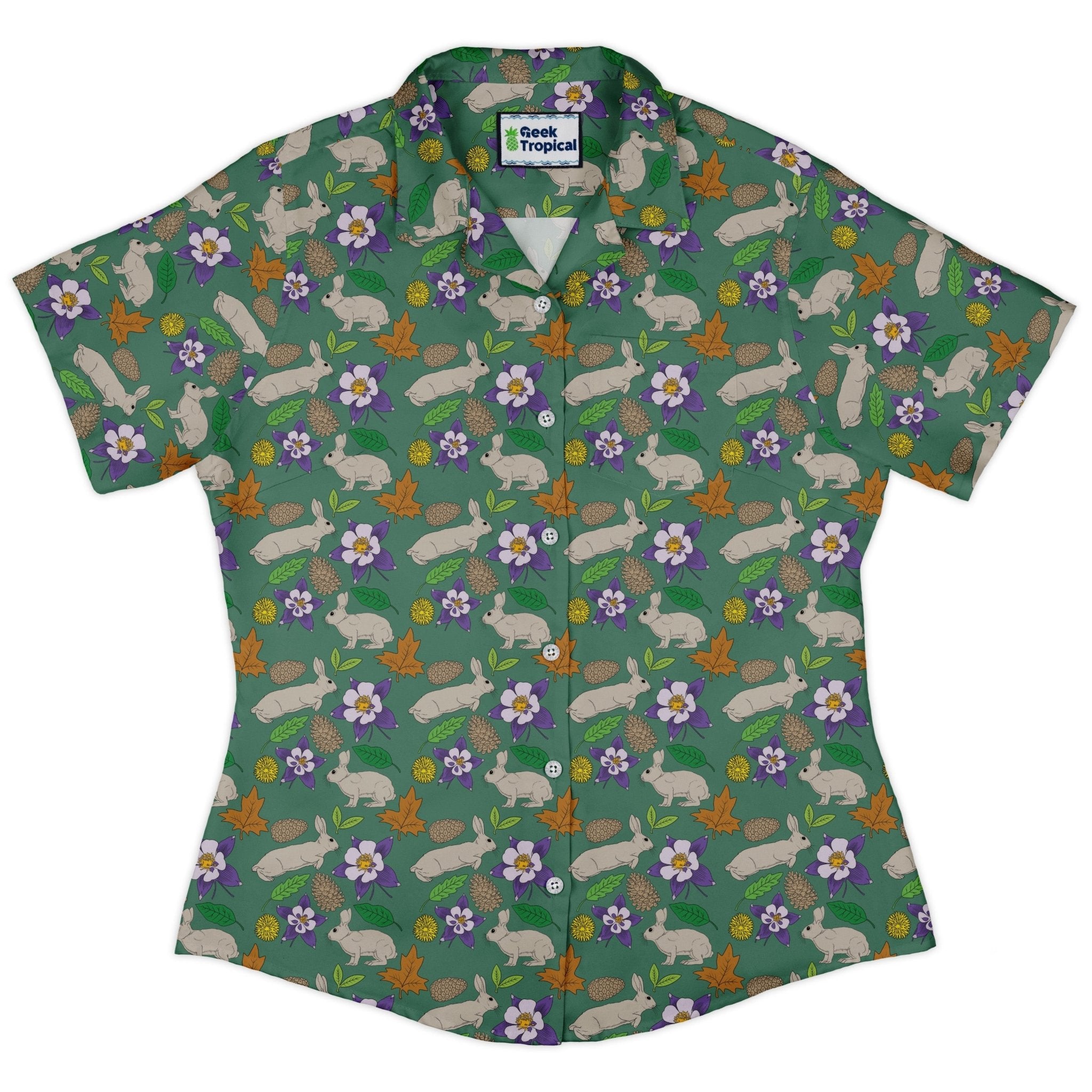 Spring Forest Green Curvy Button Up Shirt Geek Nerd animal patterns botany print Design by Julie Kitzes
