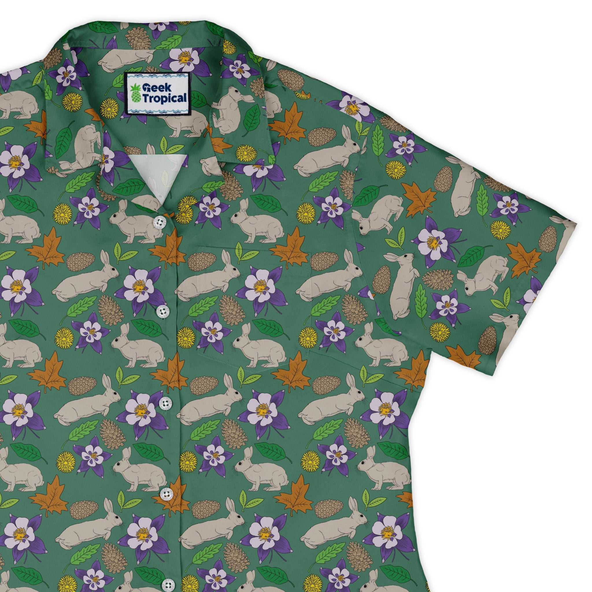 Spring Forest Green Curvy Button Up Shirt Geek Nerd animal patterns botany print Design by Julie Kitzes