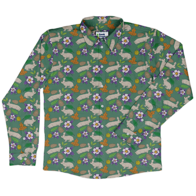 Spring Forest Green Long Sleeve Button Up Shirt Geek Nerd adult sizing animal patterns botany print