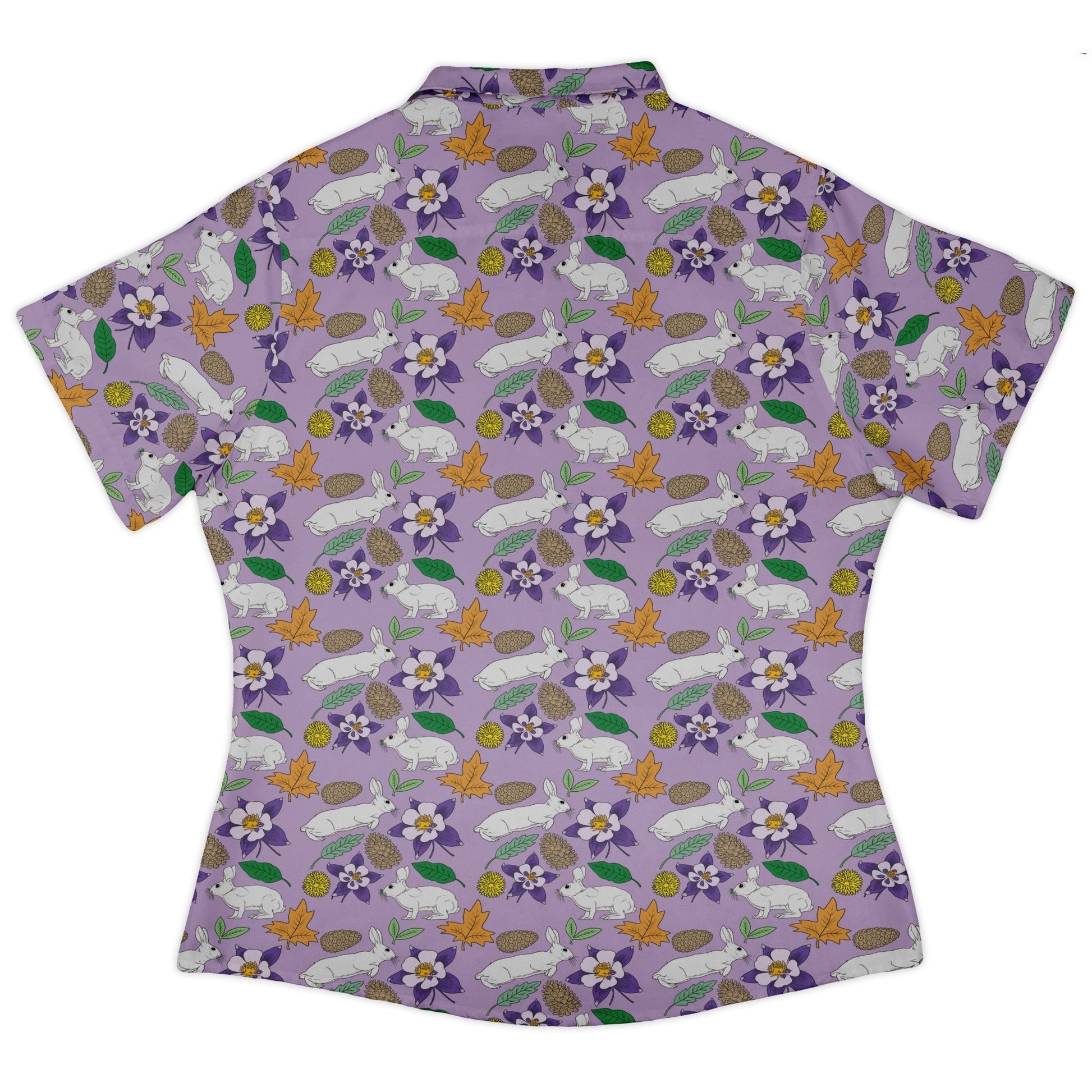 Spring Forest Purple Curvy Button Up Shirt Geek Nerd animal patterns botany print Design by Julie Kitzes